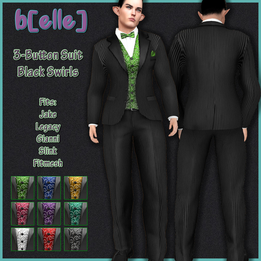 Second Life Marketplace - DEMO_b[ELLE] Men's 3-Button Suit Black Swirls